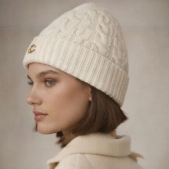 Coach Chalk Cable Knit Beanie Hat Gold C Logo NWT Winter Designer Cap main image 4